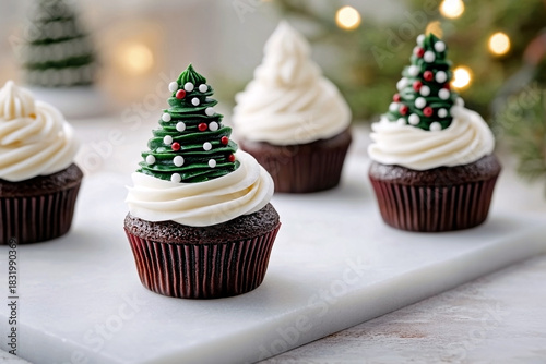 chocolate christmas cupcakes topped with white vanilla buttercream and a green frosting christmas tree decoration with sprinkles sit on a marble board. homemade festive holiday baking concept