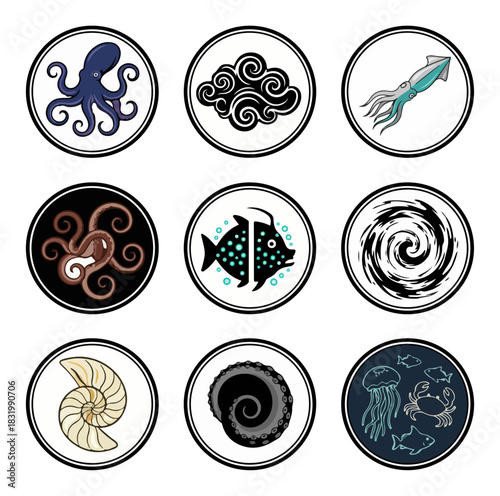 Marine life icons octopus squid jellyfish crab and other sea creatures