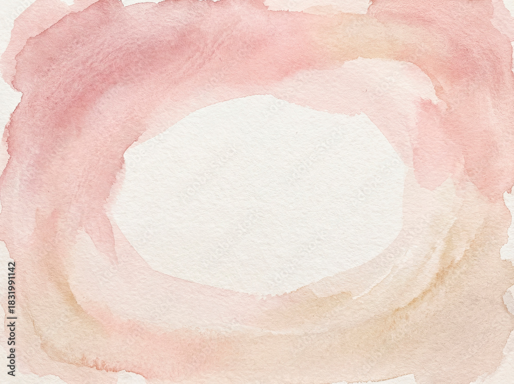 Fototapeta premium Soft pastel watercolor wash in pink and beige tones, natural paper texture, gentle gradient, large clean center for text.
