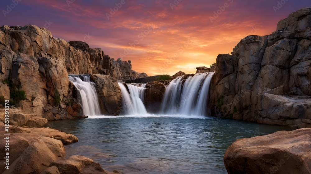 Obraz premium Cascading waterfalls pour over rugged rock formations into a tranquil pool during a vibrant sunset