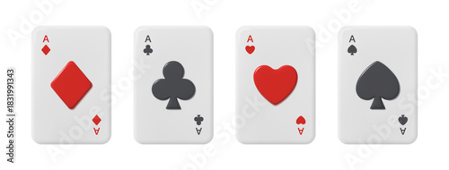 Gambling and playing cards, french suite. Vector in 3d style, diamond and spade, clubs and hearts. Casino entertainment and betting, taking risks and winning. Blackjack or poker design