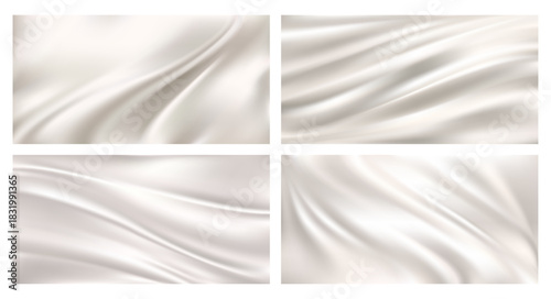 Silk fabric cloth with crumpled and wavy surface. Vector realistic background texture of white delicate velvet textile. Set of different areas, silky cloth, elegant tissue or curtain drape