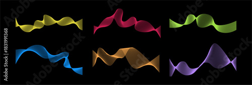 Dynamic sound waves collection. Vector colorful musical particle pulsing or oscillating. Rendering of energy flow. Website animations, digital art and multimedia design projects elements
