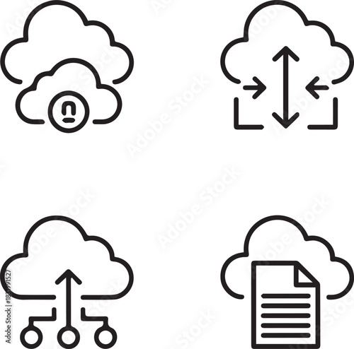 Four cloud icons depicting data transfer user access and file storage solutions
