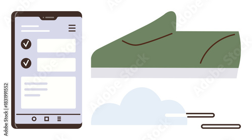 Smartphone screen with fitness tracking app, green running shoe, cloud, and motion lines. Ideal for fitness, mobile technology, running, health goals, progress tracking sports exercise motivation