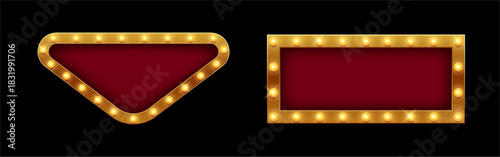 Geometric simple vintage frames with bulb or lights. Vector realistic, isolated set of contemporary minimalist borders with lamps for copy space. Signboards for text or logo, promo banners