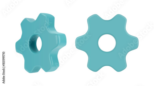 Gears set, isolated factor industry devices side and front view. Vector service settings icons, 3d design technical cogs. Components of mechanical systems. Symbol of mechanism for online app, web user