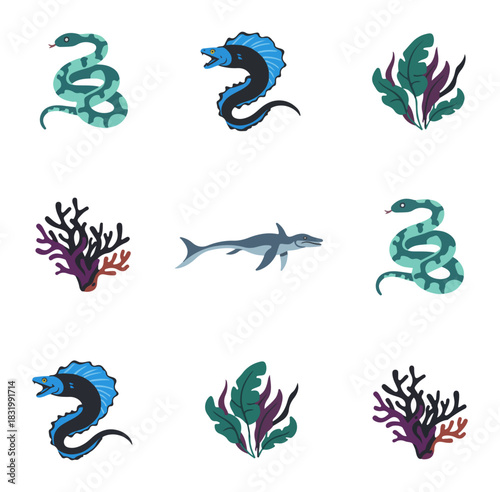 Stylized aquatic creatures and plants composition