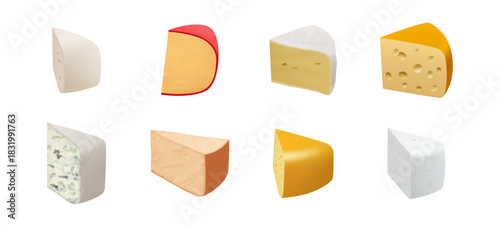 Cheese cut in pieces, different types of dairy products. Vector realistic style, organic and natural production from farm. Assortment in shop or store, cuisine ingredient, block of camembert