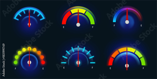 Speedometers set, neon dial and gauge dashboard. Vector futuristic interface of car speed meters or tachometers with arrows and digital indicator of fuel and charge, mph and engine gear