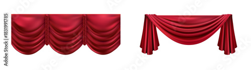 Luxury scarlet red silk velvet curtains and draperies interior decoration design ideas. Vector realistic fabric cloth for theater or cinema, opera hall or home. Luxurious stage adornment