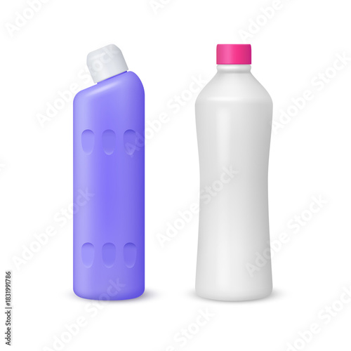 Household chemicals and cleaning detergents for housekeeping and laundry. Vector in realistic style, isolated set of blech and conditioner, branding products mockup with copy space design