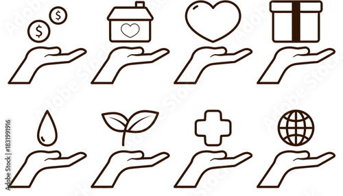Set of Hand Holding Care and Donation Line Icons: Charity, Giving, and Support Collection Featuring Money, Home, Heart, Gift, Water, Plant, Medical Cross, and Globe