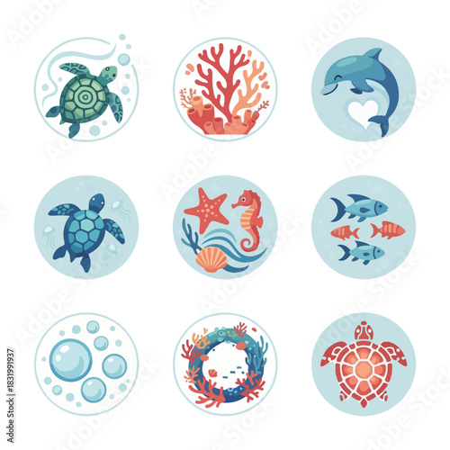 Underwater animal icons set turtle dolphin fish coral sea life elements