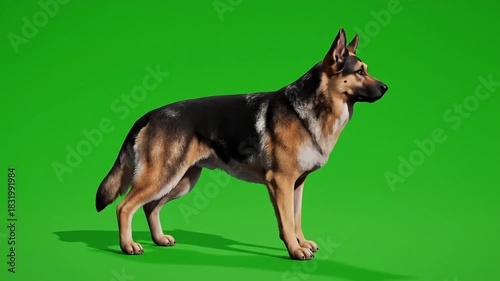 Alert German Shepherd confidently walking on a green screen, great for compositing and creating dynamic pet-related content