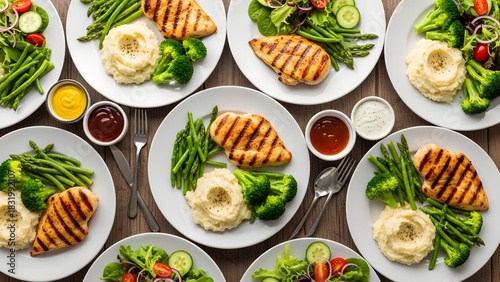 Wallpaper Mural Top View of Multiple Plates with Healthy Grilled Chicken Meals for Catering or Meal Prep Torontodigital.ca