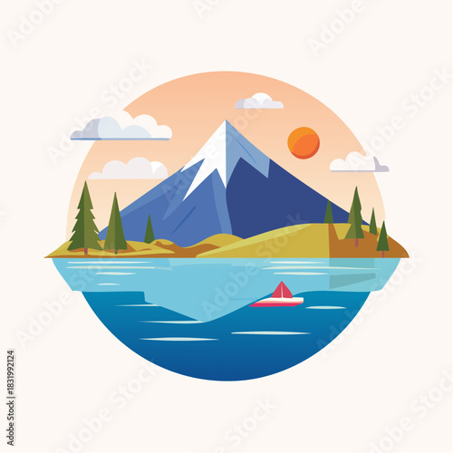 Serene Mountain Lake Landscape With Snow Capped Peak Pine Trees And A Small Boat At Sunset