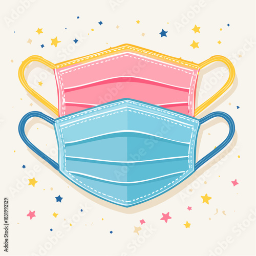 Two Medical Face Masks One Pink One Blue Stacked Together with Colorful Stars and Confetti on a Creamy Background