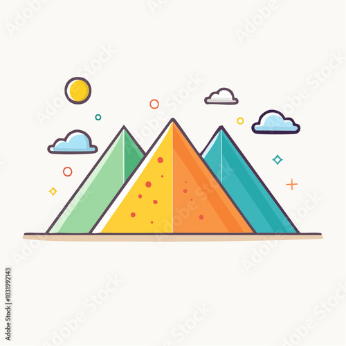 Stylized Pixelated Mountain Range Under a Sunny Sky With Fluffy Clouds And Sparkles