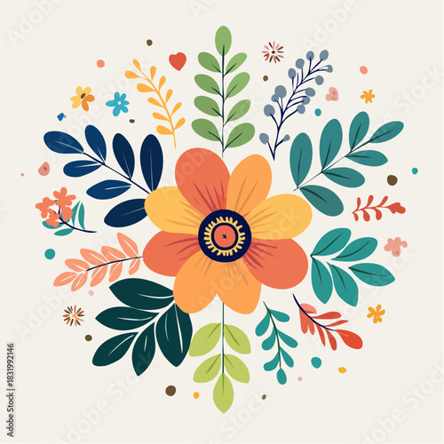 Colorful Floral Arrangement With Yellow Orange Flower And Green Blue Leaves On Cream Background