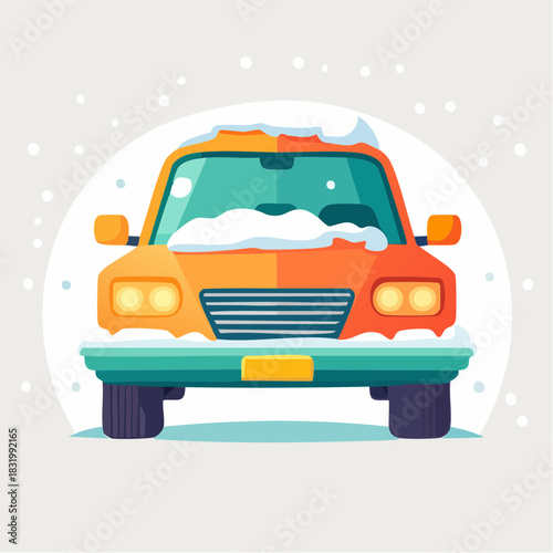 Orange Car Parked Outdoors During a Gentle Snowfall With Snow Accumulating on the Roof and Windshield