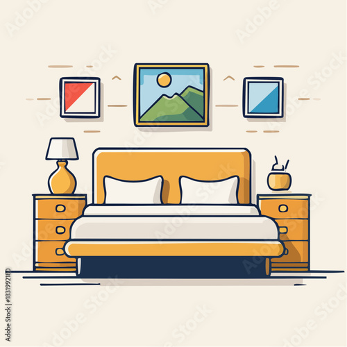Cozy Yellow Bedroom Scene With Two Nightstands A Bed And Framed Art On The Wall