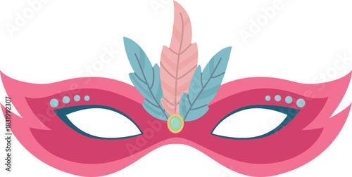 Elegant pink carnival mask decorated with soft feathers and gemstones. Festive masquerade accessory isolated on white background