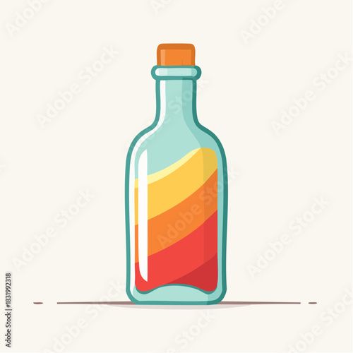Glass Bottle with Layers of Yellow and Red Liquid Sealed With Cork Stopper Simple Graphic Illustration