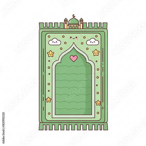 Adorable kawaii prayer rug design with mosque, stars, and clouds for Ramadan projects, Islamic decor, and Eid celebrations, perfect for cute religious themes