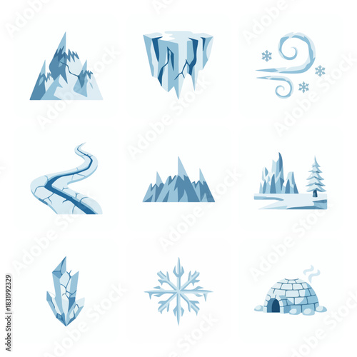 Winter icons set mountains icebergs wind river forest crystals and igloo
