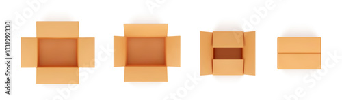 Top view of cardboard mockup boxes, closed and open. Vector in realistic style, empty packages for delivery and transportation. 3d parcels for shipment and distribution logistics, merchandise