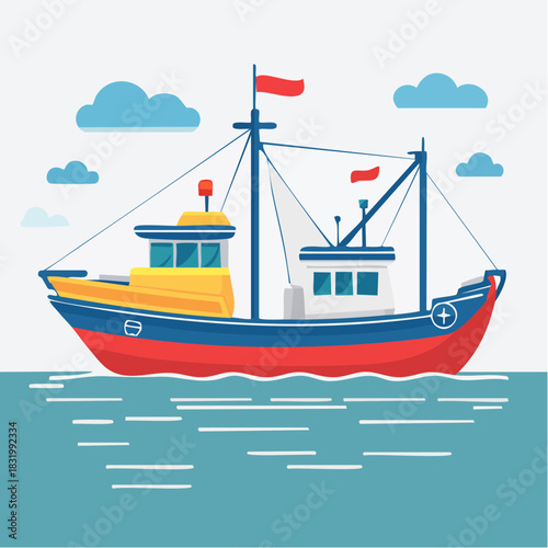 A Colorful Fishing Boat Sails on the Ocean Under a Cloudy Sky