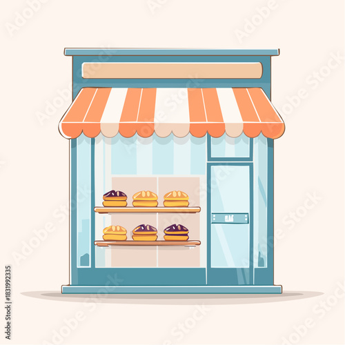 Charming Bakery Storefront With Displayed Pastries Under Striped Awning Illuminated By Soft Light Ideal For Commercial Use
