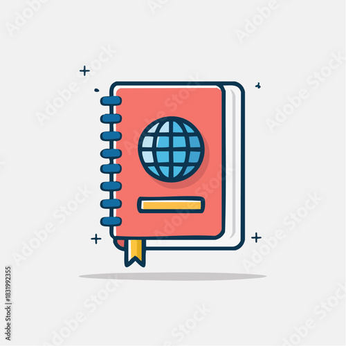 Red Passport With Globe Symbol Open Showing Blank Page and Yellow Bookmark on White Background With Shadow