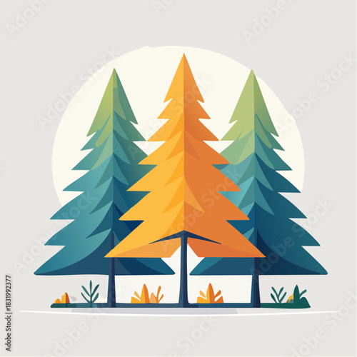 Stylized Evergreen Trees With A Bright Orange Tree In The Center Against A Soft Yellow Sun And A Minimalist Landscape Background