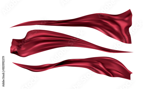 Floating scarlet satin or silk textile. Vector realistic 3d elegant soft and smooth cloak or cape. Tissue or dynamic scarf, curtain or drapery levitating and moving in air. Airy movements of fabric