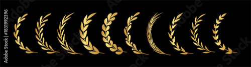 Gold half laurel branches with metallic shine and detailed 3D texture. Vector symbol of prestige and honor. Single sided arcs with different kind of leaves. Luxury branding or decorative elements