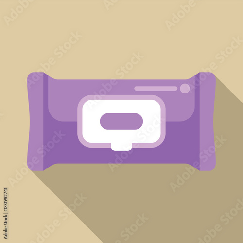 Purple wet wipes pack offering cleansing and sanitation in a flat icon design