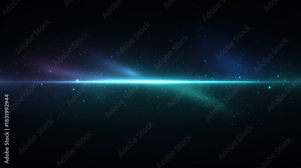 Fototapeta premium Glowing horizon star field nebula glow horizontal light teal streak cosmic scene