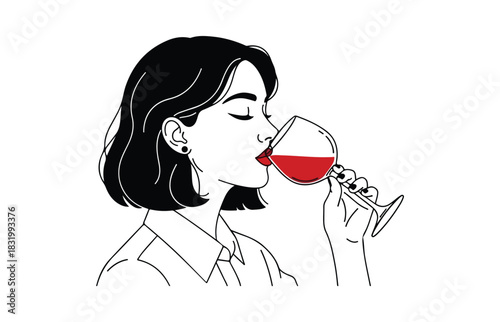 Elegant minimalist line drawing of a young woman with short dark hair enjoying a glass of red wine