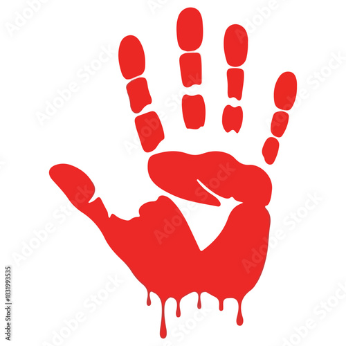A stark red handprint with dripping blood splatters against a clean white background symbolizing danger or a warning