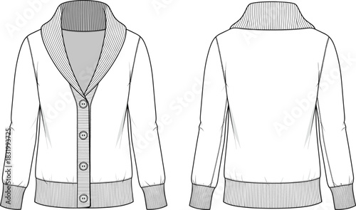 Cardigan sweater technical sketch, front and back view, shawl collar, button-down design, ribbed cuffs and hem, fashion flat, garment construction illustration