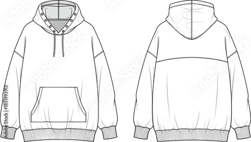 Hoodie technical sketch, front and back view, kangaroo pocket, drawstring hood, horizontal back seam, fashion flat, garment construction illustration