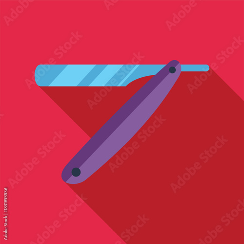 Flat design illustration of a straight razor with a purple handle and blue blade on a red background