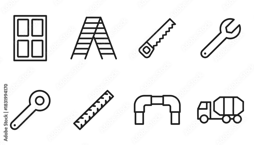 Fototapeta premium Construction, Plumbing, and Home Repair Line Icons Set: Building Tools and Equipment Collection Featuring Window, Ladder, Saw, Wrench, Pipes, Ruler, and Cement Truck