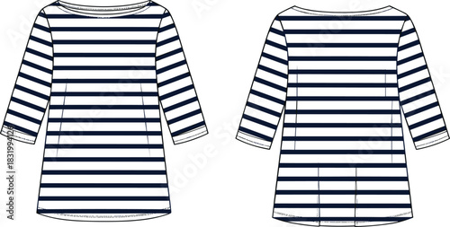 Striped tunic top technical sketch, front and back view, three-quarter sleeve, boat neckline, curved hem, fashion flat, garment construction illustration