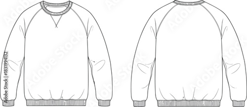 Sweatshirt technical sketch, front and back view, long sleeve design, ribbed cuffs and hem, fashion flat, garment construction illustration