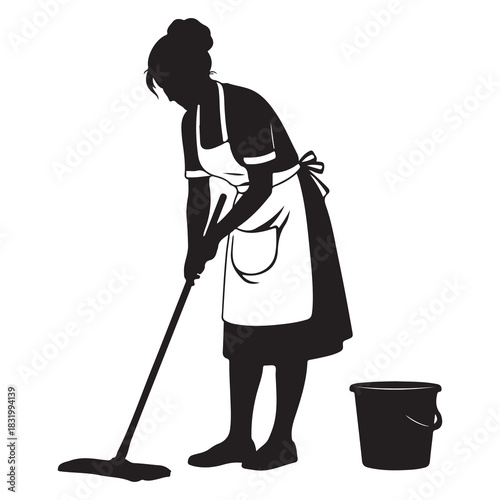Silhouette of a woman wearing an apron and cleaning the floor with a mop and bucket on a white background