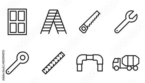 Construction, Plumbing, and Home Repair Line Icons Set: Building Tools and Equipment Collection Featuring Window, Ladder, Saw, Wrench, Pipes, Ruler, and Cement Truck