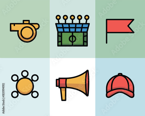 Sports Stadium and Fan Equipment Icons Set,Stadium, Whistle, Flag and Supporter Icons Vector Set,Minimal Sports,Whistle, Megaphone, Stadium,Simple Black Sport Event,Sports Game Equipment,vector,AI
